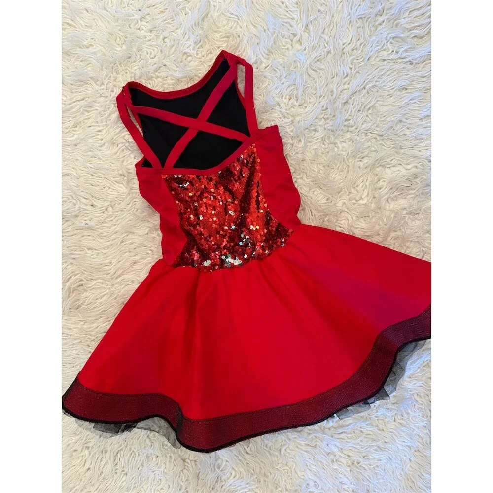 Weissman Girls Dance Costume Dress Red Sequin Skater Crisscross Back L